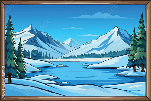 A winter paradise with majestic snow covered mountains, tall evergreen trees, and sparkling snow creating a magical landscape