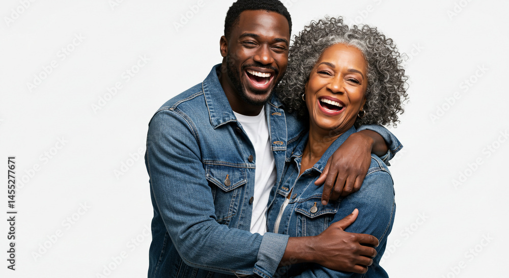 Fototapeta premium Mother's day a joyful moment captured of a son embracing his mother both wearing denim jackets and laughing together