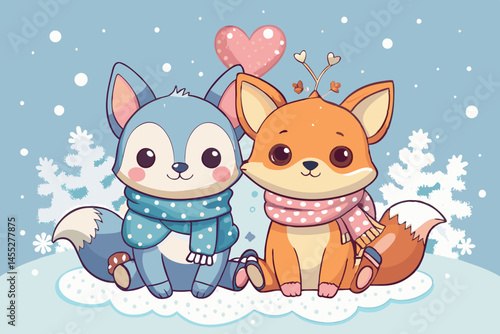 Winter cuddles with a fox and deer plush toy couple, surrounded by snowflakes and hearts, evoking love, warmth, and festive charm