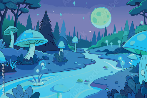 Fantasy inspired glowing woodland with luminous flora and fauna, illuminated by a vibrant moon, perfect for mystical storytelling