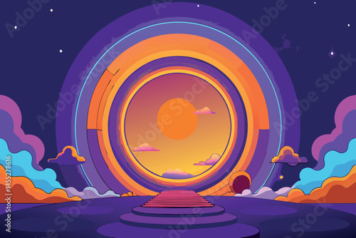 Bright abstract landscape featuring glowing neon circles, purple and orange clouds, and a surreal, dreamlike atmosphere