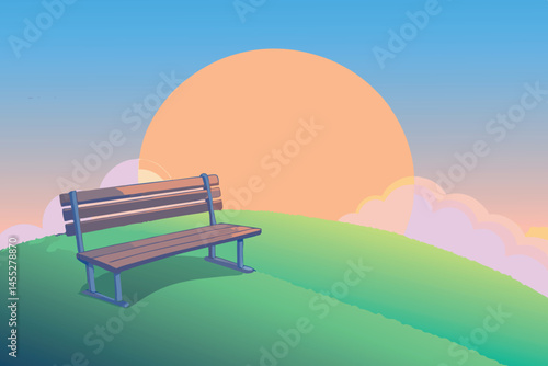 Serene hilltop bench on a misty blue grassy slope, overlooking a tranquil landscape with a warm golden sunset in the background