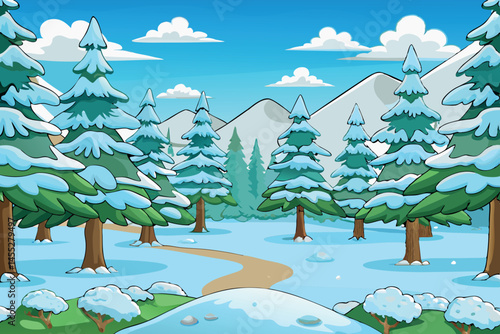 Snow covered forest path winding through the tranquil South Park in Sofia, Bulgaria, with snow topped trees and distant mountain views