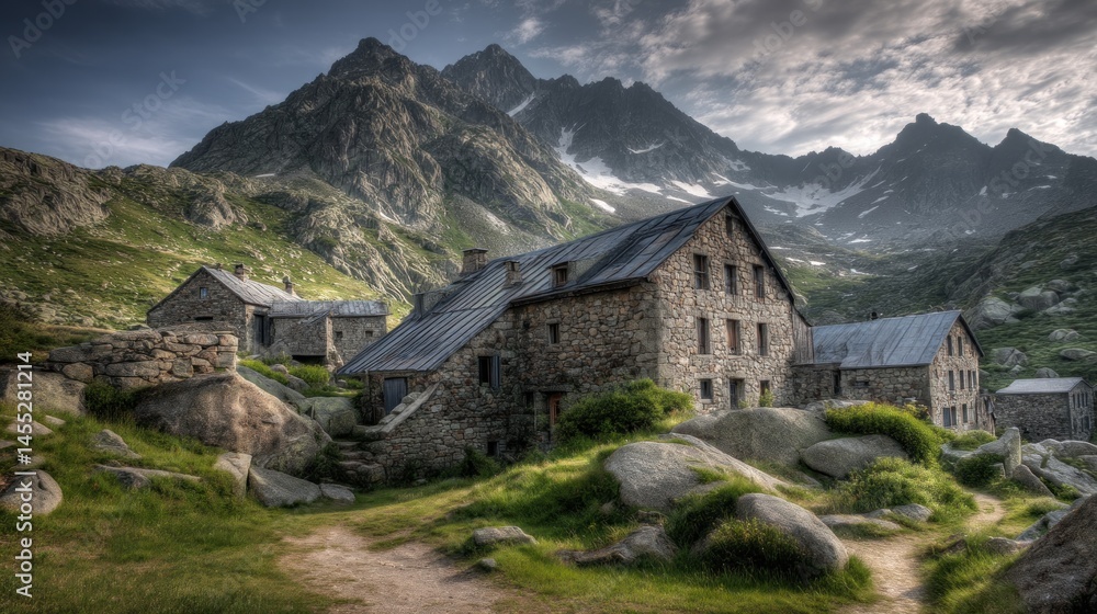 Mountain huts nestled in a valley Mountain huts nestled in a valley