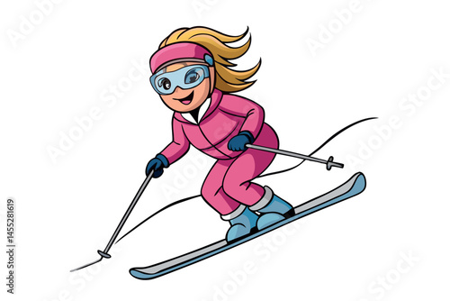 Woman wearing sportswear and ski gear skiing downhill on a snow covered mountain slope in bright winter weather