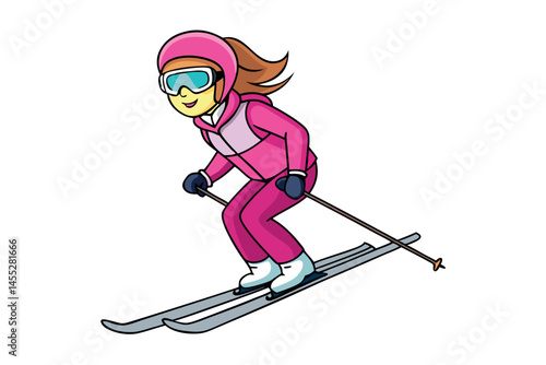 Young woman with ski goggles and pink jacket skiing down snowy mountainside in the bright winter sun