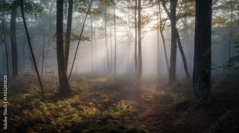 Naklejka premium A forest with foggy trees and a sun shining through the trees