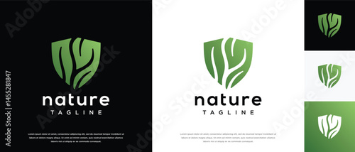 Nature security shield logo design. Shield logo design vector icon with leaves.