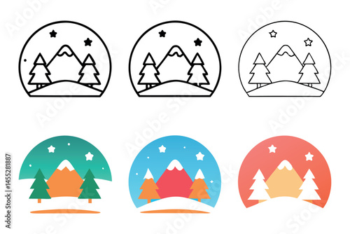 Set of mountain landscape icons featuring snow, trees, and stars for winter themed projects, perfect for travel and adventure designs, icon set