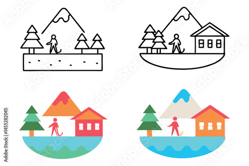 Set of winter icons featuring mountain landscapes, ice skating, and snowflakes, perfect for holiday themed projects, icon set