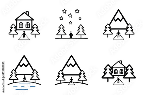 Set of illustrations showing people ice skating and snowy mountain landscapes, perfect for winter themed graphics, icon set