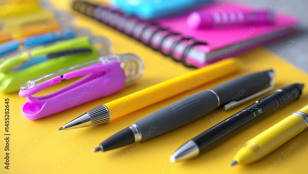 Fototapeta premium Colorful pens and stationery on a bright yellow surface.