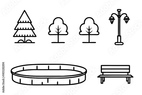 Frozen outdoor rink in winter with benches, street lamps, and snow covered trees, ideal for skating activities icon set