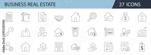 Business Real Estate Icon Set | 27 Minimalist Outline Icons for Property, Sale, Rent, Investment & Housing