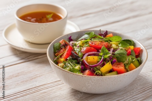 Fresh garden salad with vegetable soup on a wooden table.