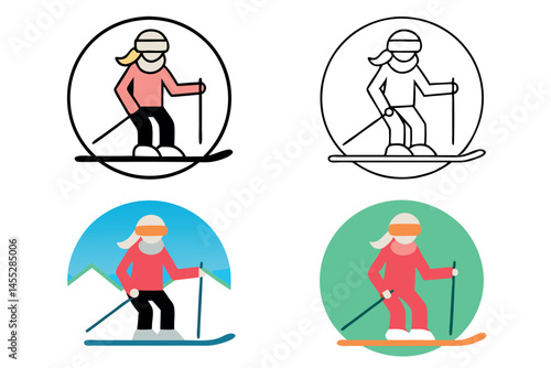 Active woman skier in pink jacket and black pants, skiing down snowy slope on winter vacation, high altitude skiing sport icon set