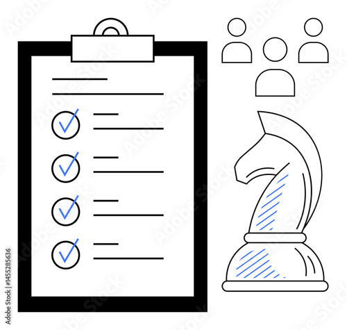 Checklist on clipboard, chess knight symbolizing strategy, and team icons representing collaboration. Ideal for teamwork, planning, strategy, goal setting, decision-making, leadership organization