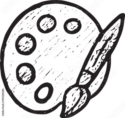 Hand-drawn sketch of an artist paint palette with brush in black and white, symbolizing creativity, painting tools, art supplies, and artistic expression