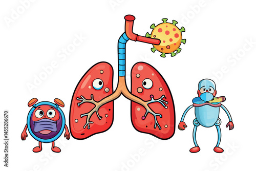 Animated illustration of lungs with bacteria, viruses, and protective measures, showing respiratory infection and prevention techniques medical virus