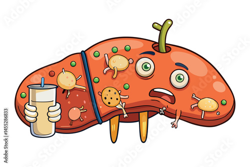 Cartoon liver with bacteria and infection, depicting liver damage such as fatty liver disease, fibrosis, and cirrhosis, with a concerned expression medical virus