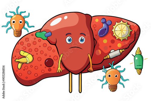 Illustration of a damaged liver affected by infections, showing fatty liver, fibrosis, and cirrhosis with cartoon microorganisms medical virus