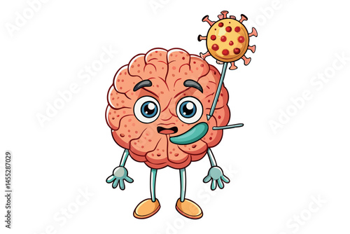 Cartoon brain character showing symptoms of meningitis and inflammation, illustrating the impact of viral infection on the brain and spinal cord medical virus
