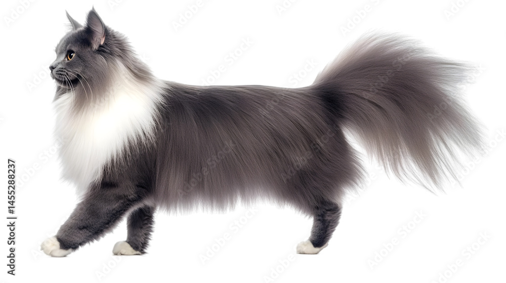 Obraz premium A Beautiful Gray And White Long-haired Cat Isolated On Transparent Background Photo