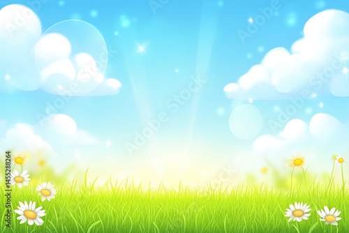 A vibrant spring meadow scene.  Soft,  glowing light,  fluffy clouds,  fresh green grass,  and daisy flowers fill the image