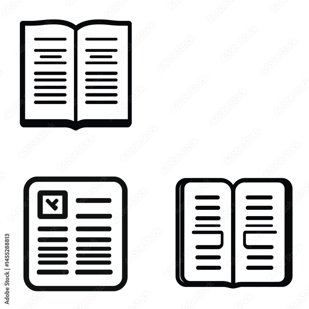 Three Black Icons Open Books and with Checkbox on Transparent BG Three Black Icons Open Books and with Checkbox on Transparent BG