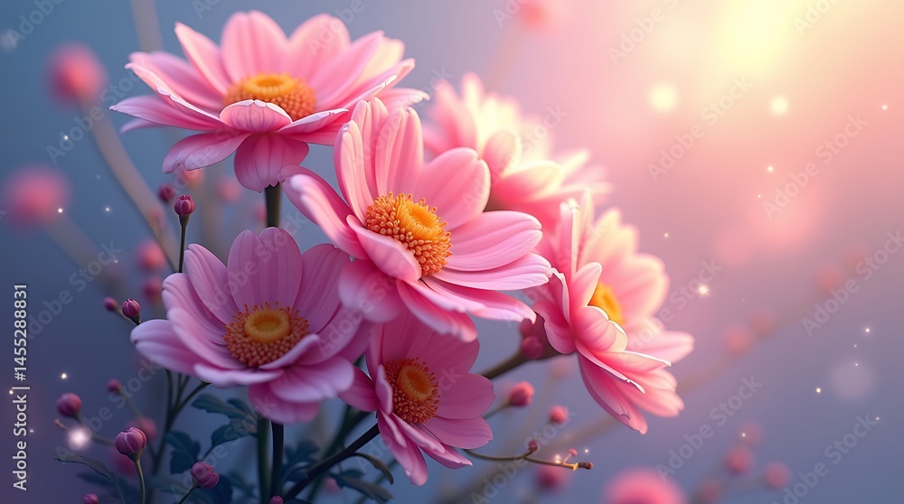 Dreamy pink daisy arrangement with bokeh lights for soothing backgrounds Dreamy pink daisy arrangement with bokeh lights for soothing backgrounds