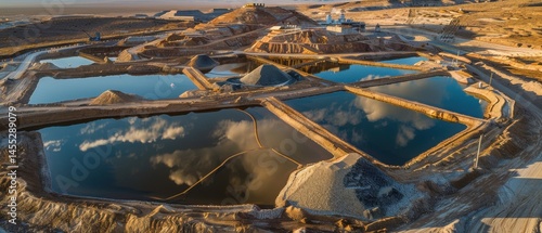 Aerial view shows heap leaching facility solution ponds reflecting sky & geometric gold ore piles in a desert landscape.