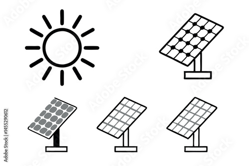 sun icon with stylized solar panels radiating energy, representing solar power green energy icon set