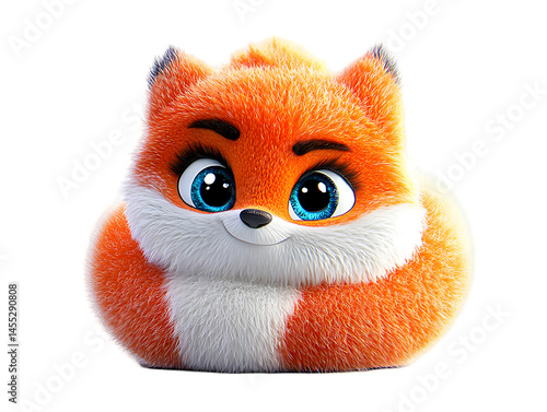Cute Fox Illustration Rendered In 3D With Big Blue Eyes on Transparent Background