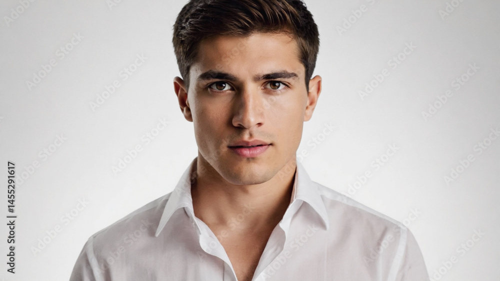Obraz premium Well-groomed young man in a white shirt poses in front of a soft gray background