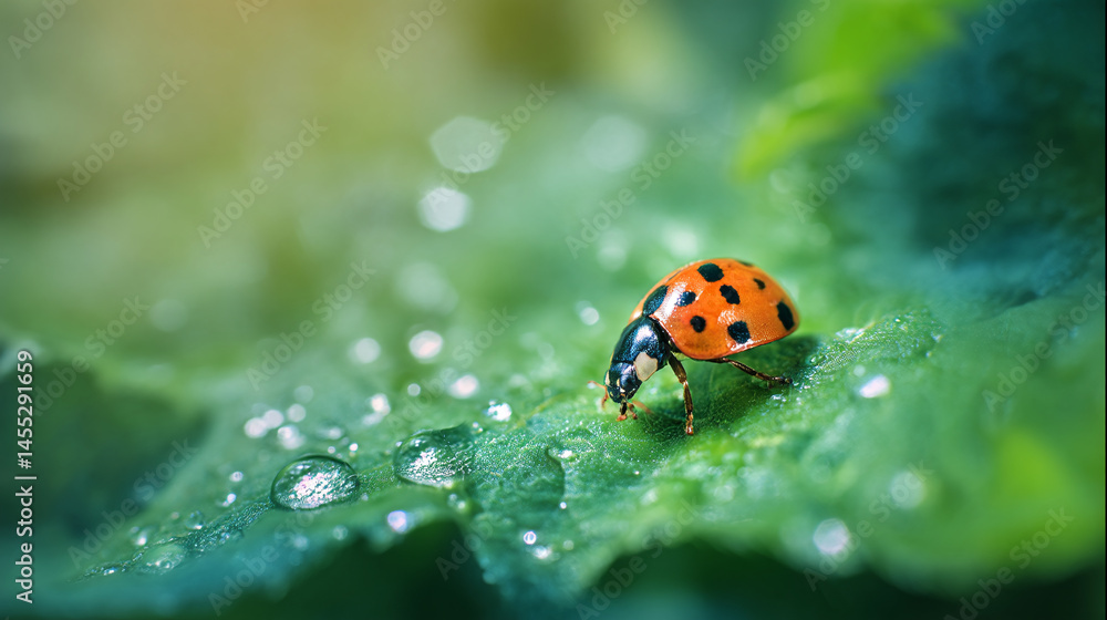 Ladybug on leaf with water droplets macro photography nature insect close up view Ladybug on leaf with water droplets macro photography nature insect close up view