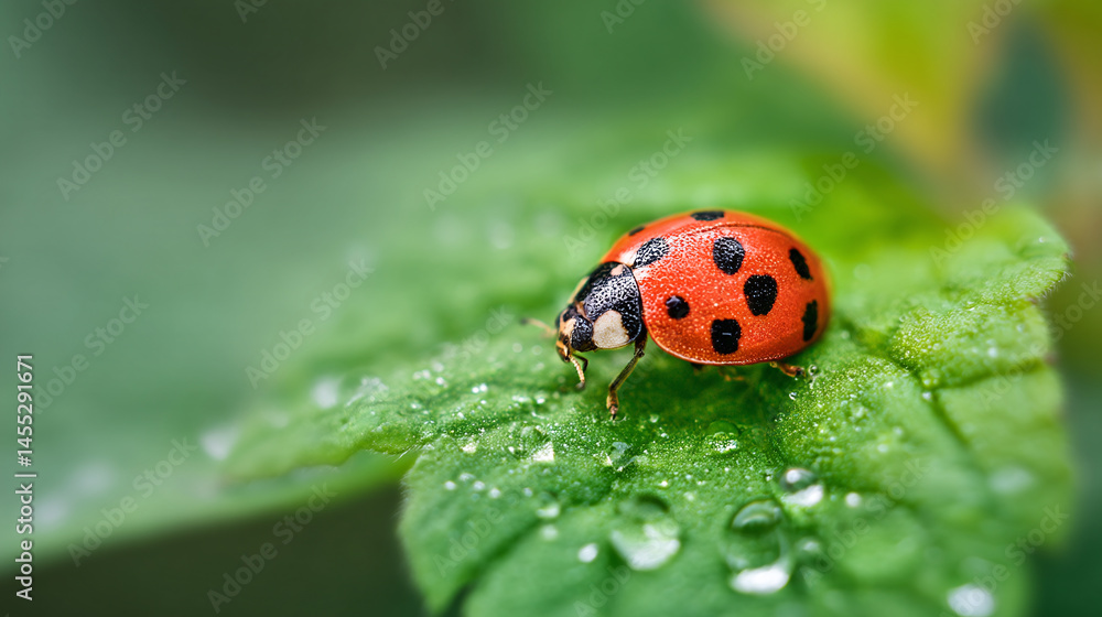 Fototapeta premium Ladybug resting on a green leaf with water droplets macro photography closeup view