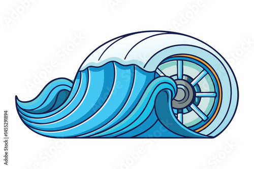 a wave concealing a wind turbine, emphasizing the innovative use of renewable energy from both the ocean and wind sources