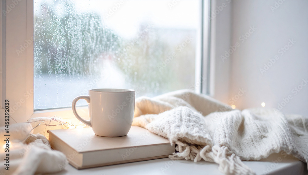 A cozy reading nook by a rainy window, lamp light, a steaming mug of coffee A cozy reading nook by a rainy window, lamp light, a steaming mug of coffee