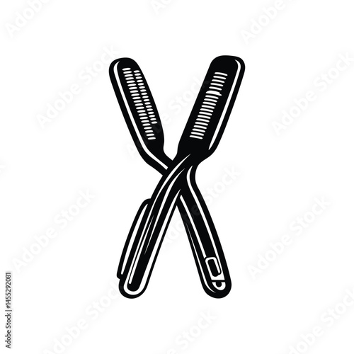 Two Crossed Straight Razors Black and White Outline on Transparent