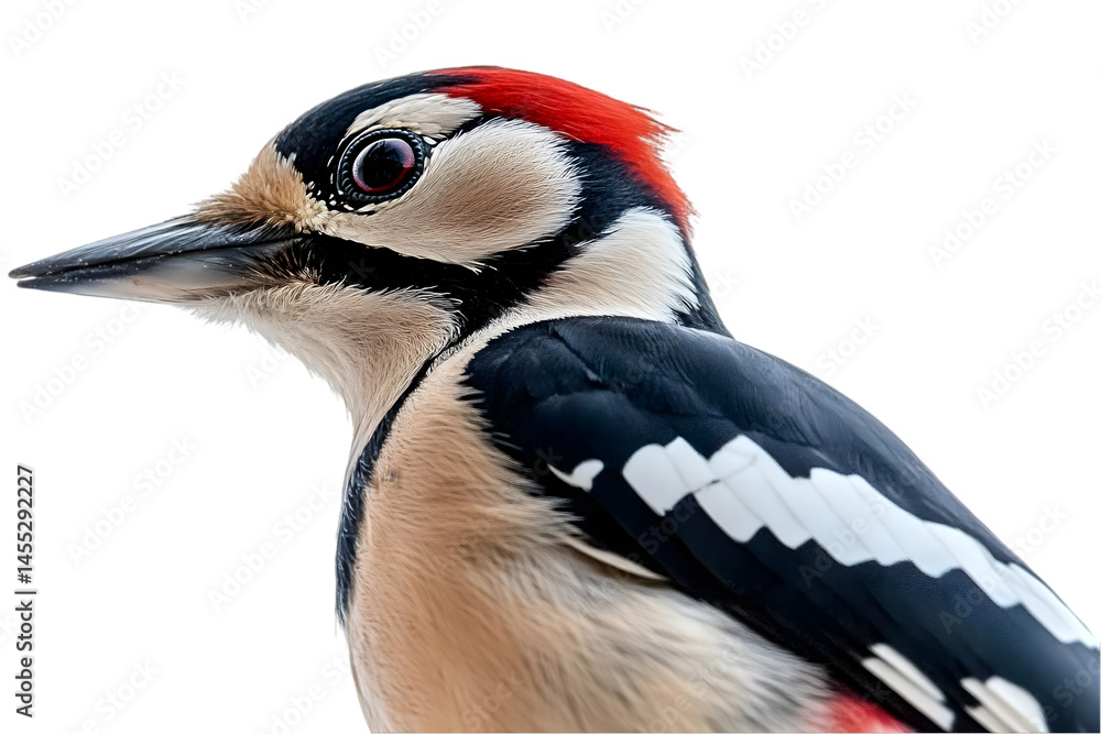 Obraz premium Detailed Portrait Of A Woodpecker Isolated With Red Feathers On Transparent Background