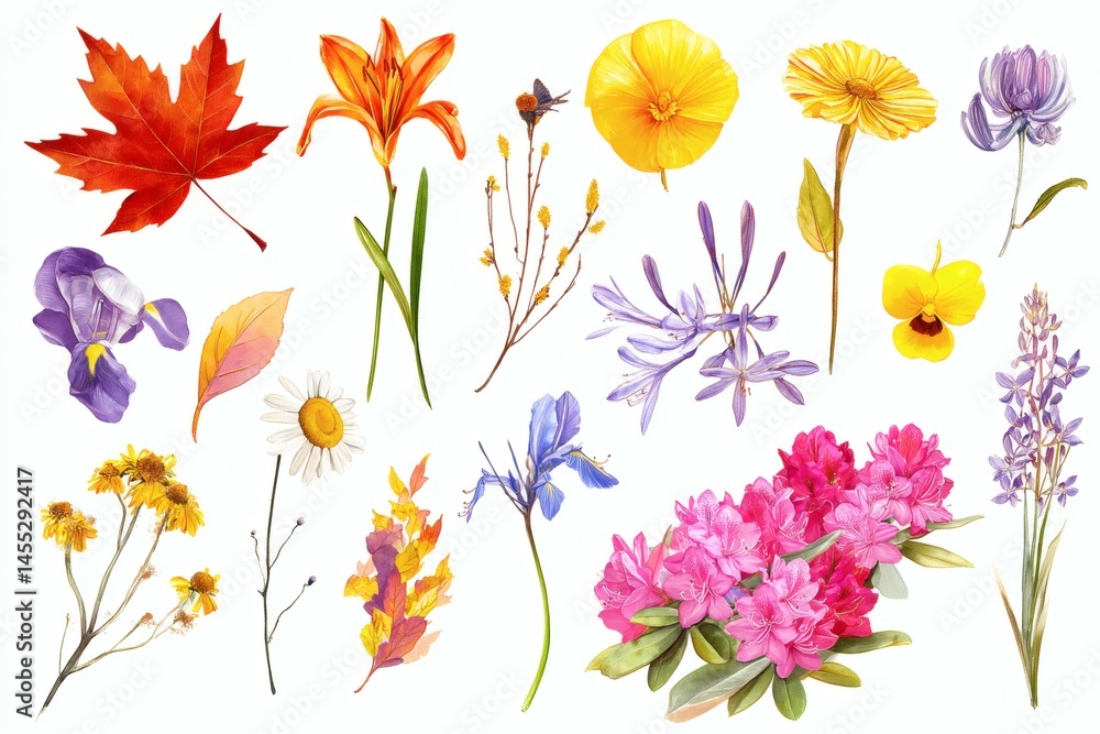 Fototapeta premium Watercolor Assortment on White Botanical Mix of Leafy Maple, Lily, and Diverse Flora