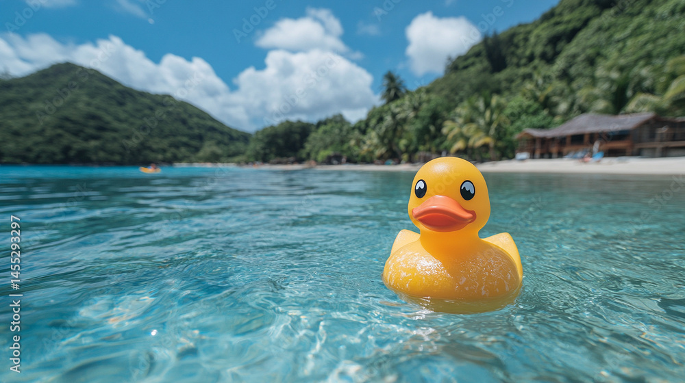 A lone rubber duck floats gently in the vast ocean, symbolizing childhood innocence, vulnerability, and resilience amidst the unpredictable and overwhelming forces of nature.