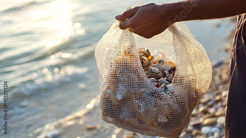 Beach cleanup volunteer collecting plastic waste in bag ocean conservation effort