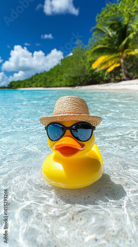 Obraz na płótnie A lone rubber duck floats gently in the vast ocean, symbolizing childhood innocence, vulnerability, and resilience amidst the unpredictable and overwhelming forces of nature.
w salonie