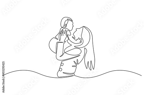Continuous one line drawing of Young mother hugs her little baby. Single line drawing illustration of Mother hugging baby. Loving mother concept vector art. Doodle line illustration.