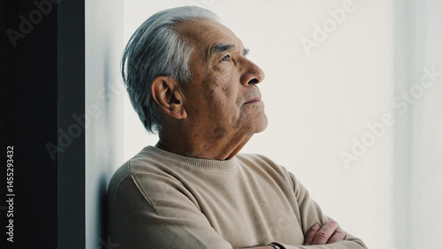 Senior man is lost in thought, gazing upwards thoughtfully with a peaceful expression indoors
