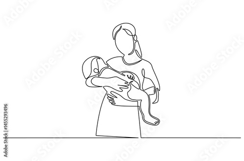 Continuous one line drawing of Young mother hugs her little baby. Single line drawing illustration of Mother hugging baby. Loving mother concept vector art. Doodle line illustration.