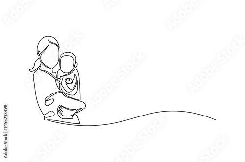 Continuous one line drawing of Young mother hugs her little baby. Single line drawing illustration of Mother hugging baby. Loving mother concept vector art. Doodle line illustration.