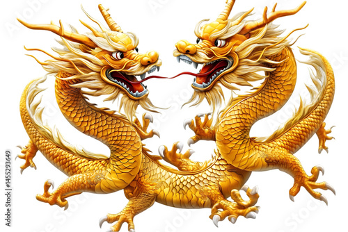 Golden Dragons Illustration with Isolated Transparent Background