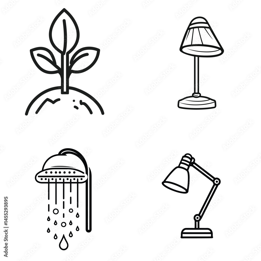 Fototapeta premium Vector Line Art Sprout, Table Lamp, Shower Head, Adjustable Desk Lamp Icons
